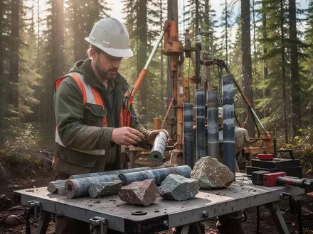 Geologe untersucht Gesteinsproben einer Bohrung in einem Waldgebiet. - Foto: über boerse-global.de