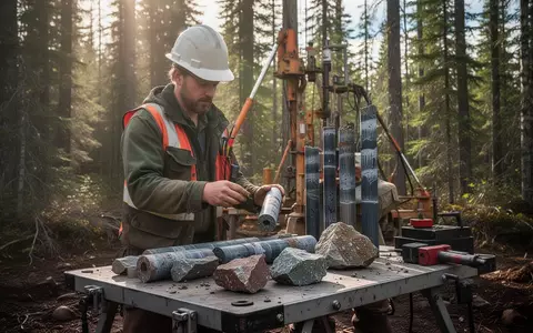 Geologe untersucht Gesteinsproben einer Bohrung in einem Waldgebiet. - Foto: über boerse-global.de