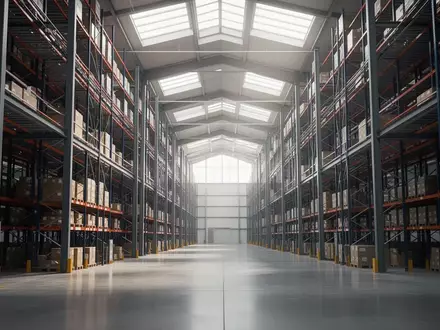 Innenansicht eines modernen, hochautomatisierten Logistikzentrums mit hohen Lagerregalen und Industriehallenarchitektur. - Foto: über boerse-global.de