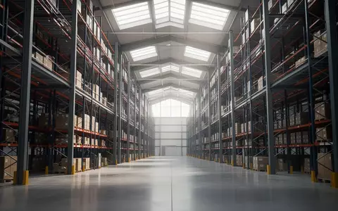 Innenansicht eines modernen, hochautomatisierten Logistikzentrums mit hohen Lagerregalen und Industriehallenarchitektur. - Foto: über boerse-global.de