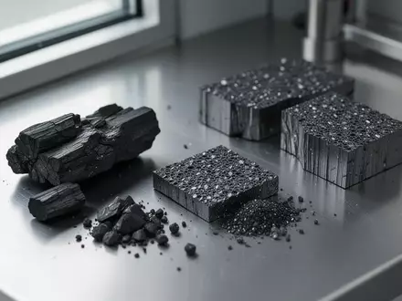 Hochauflösende Nahaufnahme von industriellen Silizium-Kohlenstoff-Materialien auf einer metallischen Laboroberfläche. - Foto: über boerse-global.de