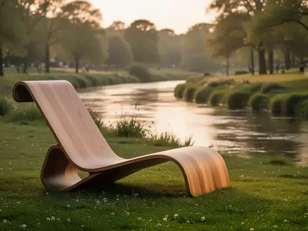 Eine ergonomisch geformte Holzliege auf einer grünen Wiese am Ufer eines ruhig fließenden Flusses bei Sonnenuntergang. - Foto: über boerse-global.de