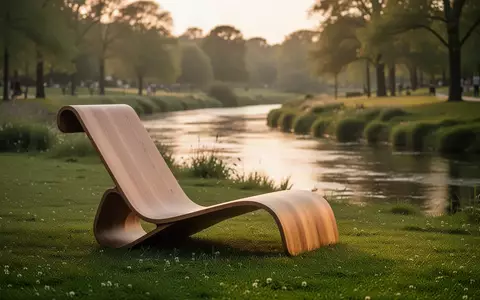 Eine ergonomisch geformte Holzliege auf einer grünen Wiese am Ufer eines ruhig fließenden Flusses bei Sonnenuntergang. - Foto: über boerse-global.de