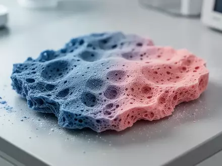Nahaufnahme einer porösen, stärkebasierten Materialprobe auf einem Labortisch mit sichtbarem Farbverlauf von Blau zu Rosa. - Foto: über boerse-global.de