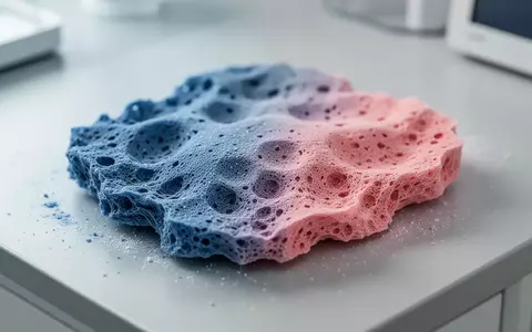 Nahaufnahme einer porösen, stärkebasierten Materialprobe auf einem Labortisch mit sichtbarem Farbverlauf von Blau zu Rosa. - Foto: über boerse-global.de