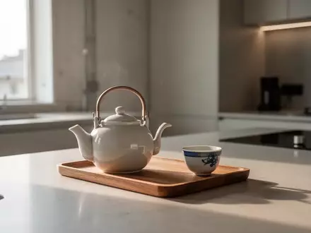 Eine minimalistische Teekanne auf einem Holztablett in einer hellen, modernen Küche bei Tageslicht. - Foto: über boerse-global.de
