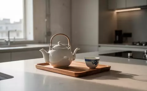 Eine minimalistische Teekanne auf einem Holztablett in einer hellen, modernen Küche bei Tageslicht. - Foto: über boerse-global.de