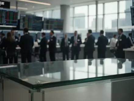 Bürofläche einer Finanzinstitution mit unscharfem Hintergrund und Fokus auf einen leeren Schreibtisch. - Foto: über boerse-global.de