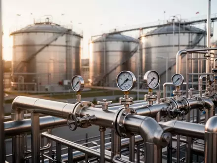Industrielle Chemieanlage mit Edelstahlrohren und Lagertanks bei natürlichem Tageslicht. - Foto: über boerse-global.de
