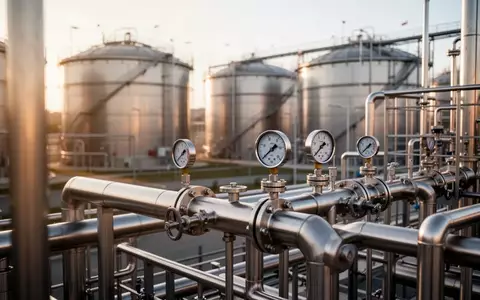 Industrielle Chemieanlage mit Edelstahlrohren und Lagertanks bei natürlichem Tageslicht. - Foto: über boerse-global.de
