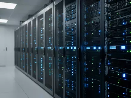 Moderne Serverräume in einem Rechenzentrum mit blau leuchtenden LED-Anzeigen an den Hardware-Racks. - Foto: über boerse-global.de