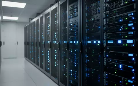 Moderne Serverräume in einem Rechenzentrum mit blau leuchtenden LED-Anzeigen an den Hardware-Racks. - Foto: über boerse-global.de