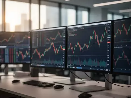 Moderne Finanzumgebung mit unscharfen Bildschirmen, die Aktienkurse und Markttrends darstellen. - Foto: über boerse-global.de
