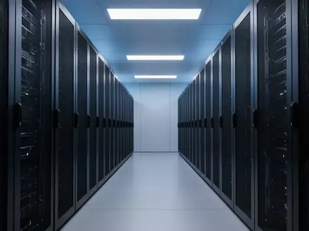 Ein moderner, minimalistischer Serverraum mit unbeschrifteten Serverschränken in einer kühlen, blauen Beleuchtung. - Foto: über boerse-global.de