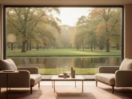 Ein ruhiger, sonnendurchfluteter Raum mit Blick in einen grünen Park, der eine Atmosphäre von Geborgenheit und Ruhe vermittelt. - Foto: über boerse-global.de