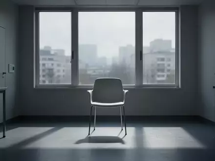 Ein leerer, klinisch wirkender Behandlungsraum mit einem einzelnen Stuhl vor einem Fenster mit Blick auf eine Stadtkulisse. - Foto: über boerse-global.de