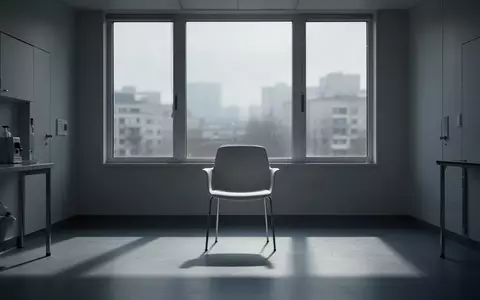 Ein leerer, klinisch wirkender Behandlungsraum mit einem einzelnen Stuhl vor einem Fenster mit Blick auf eine Stadtkulisse. - Foto: über boerse-global.de