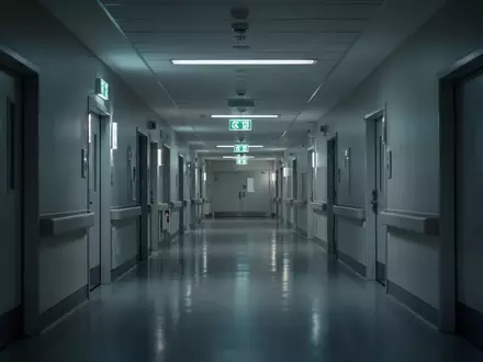 Ein leerer, modern gestalteter Krankenhausflur in gedimmtem Licht, der Stabilität und Aufmerksamkeit symbolisiert. - Foto: über boerse-global.de