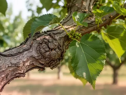 Nahaufnahme eines Maulbeerbaumzweigs mit Blättern in einem sonnendurchfluteten Garten - Foto: über boerse-global.de