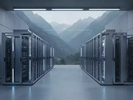 Moderne, minimalistische Architektur eines gesicherten Rechenzentrums mit Server-Racks in einer ruhigen Umgebung. - Foto: über boerse-global.de