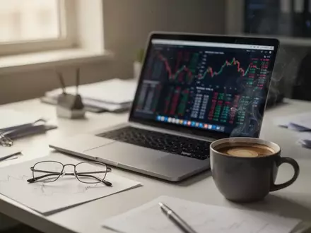 Ein moderner Schreibtisch mit einem Laptop und Börsencharts, der eine angespannte finanzielle Situation symbolisiert. - Foto: über boerse-global.de