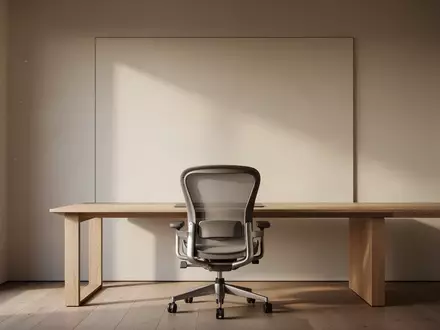 Ein minimalistischer Arbeitsplatz mit einem leeren ergonomischen Stuhl vor einer schlichten Wand bei natürlichem Licht. - Foto: über boerse-global.de