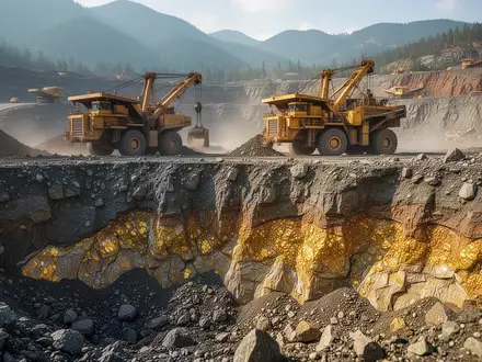 Ein offener Goldtagebau in einer Berglandschaft mit schwerem Gerät und goldhaltigem Gestein im Vordergrund. - Foto: über boerse-global.de
