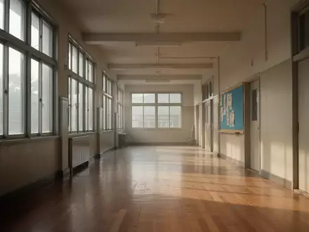 Ein leerer, sonnendurchfluteter Schulflur mit Holzboden und minimalistischer Architektur. - Foto: über boerse-global.de