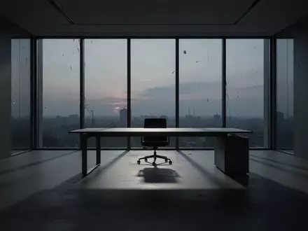 Ein verlassenes, minimalistisches Büro in der Abenddämmerung mit langen Schatten und einer Atmosphäre der Stille. - Foto: über boerse-global.de