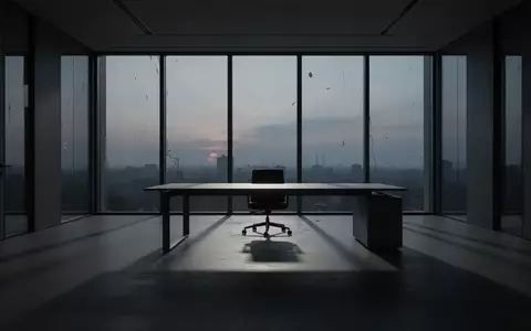 Ein verlassenes, minimalistisches Büro in der Abenddämmerung mit langen Schatten und einer Atmosphäre der Stille. - Foto: über boerse-global.de