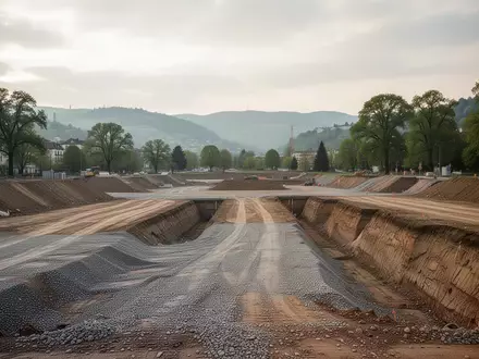 Eine weitläufige, für den Hochbau vorbereitete Baugrube auf einem städtischen Gelände mit aufgeschüttetem Boden und Erdarbeiten. - Foto: über boerse-global.de