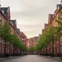 Ruhige Wohnstraße mit Hamburger Rotklinker-Gebäuden und Bäumen an einem bewölkten Tag. - Foto: über boerse-global.de