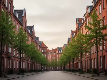 Ruhige Wohnstraße mit Hamburger Rotklinker-Gebäuden und Bäumen an einem bewölkten Tag. - Foto: über boerse-global.de