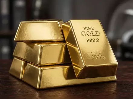 Mehrere glänzende Goldbarren auf einem dunklen Holztisch in einer professionellen Umgebung. - Foto: über boerse-global.de