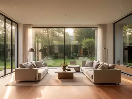 Ein helles, modern eingerichtetes Wohnzimmer mit großen Fenstern und Blick in einen Garten, das eine behagliche Atmosphäre ausstrahlt. - Foto: über boerse-global.de