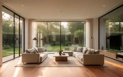 Ein helles, modern eingerichtetes Wohnzimmer mit großen Fenstern und Blick in einen Garten, das eine behagliche Atmosphäre ausstrahlt. - Foto: über boerse-global.de
