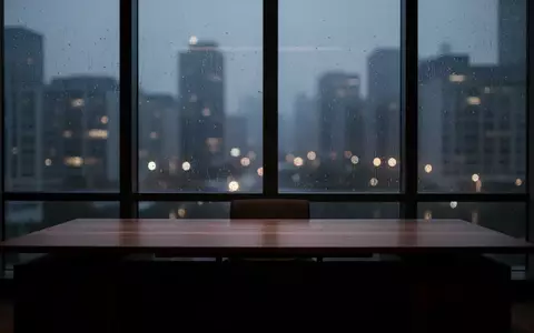Ein dunkles, leeres Büro mit Blick auf eine verschwommene nächtliche Stadtlandschaft bei Regen. - Foto: über boerse-global.de
