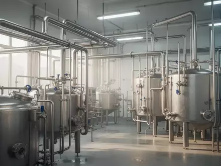 Moderne, sterile Industrieanlage zur Milchverarbeitung mit glänzenden Edelstahltanks und Rohrleitungen. - Foto: über boerse-global.de