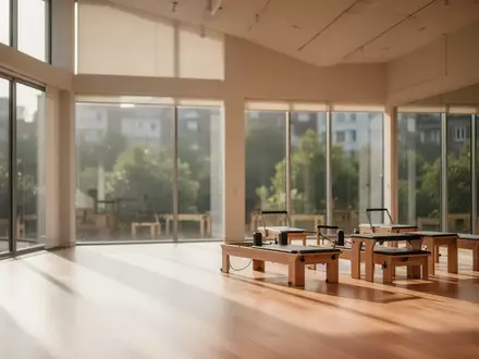 Ein minimalistisches, lichtdurchflutetes Pilates-Studio mit hellen Holzböden und großen Fenstern mit Blick ins Grüne. - Foto: über boerse-global.de