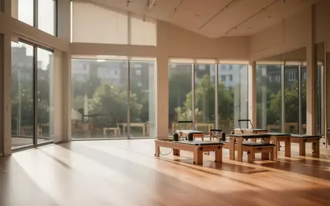 Ein minimalistisches, lichtdurchflutetes Pilates-Studio mit hellen Holzböden und großen Fenstern mit Blick ins Grüne. - Foto: über boerse-global.de
