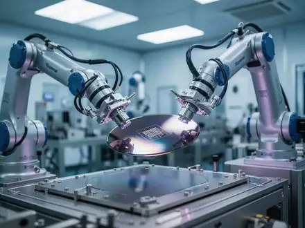 Hochmoderne Fertigungsanlage für Halbleiter mit Roboterarmen und Silizium-Wafern in einer Reinraum-Umgebung. - Foto: über boerse-global.de