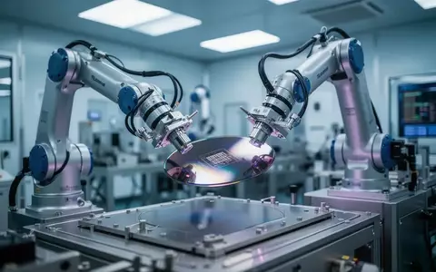 Hochmoderne Fertigungsanlage für Halbleiter mit Roboterarmen und Silizium-Wafern in einer Reinraum-Umgebung. - Foto: über boerse-global.de