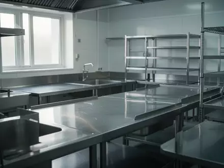 Leere, sterile Edelstahl-Arbeitsflächen in einer professionellen Großküche. - Foto: über boerse-global.de