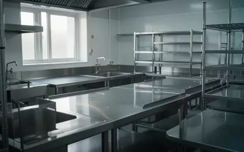 Leere, sterile Edelstahl-Arbeitsflächen in einer professionellen Großküche. - Foto: über boerse-global.de