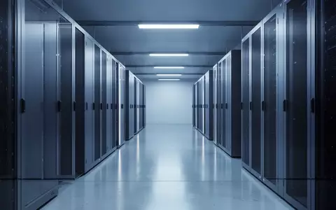 Ein minimalistischer, leerer Serverraum mit blauer Beleuchtung und geordneten Server-Racks in einer modernen Industrieumgebung. - Foto: über boerse-global.de