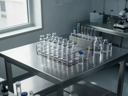Sterile Laborumgebung mit Edelstahlflächen und Glasfläschchen auf einem Arbeitstisch in einer pharmazeutischen Einrichtung. - Foto: über boerse-global.de