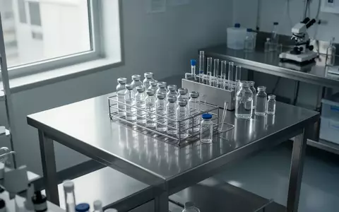 Sterile Laborumgebung mit Edelstahlflächen und Glasfläschchen auf einem Arbeitstisch in einer pharmazeutischen Einrichtung. - Foto: über boerse-global.de