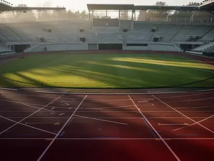 Leere, moderne Leichtathletikbahn in einem Stadion bei Sonnenaufgang. - Foto: über boerse-global.de