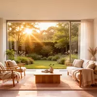 Ein helles, modern eingerichtetes Wohnzimmer mit großen Fenstern und Blick in einen sonnigen Garten. - Foto: über boerse-global.de