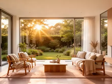 Ein helles, modern eingerichtetes Wohnzimmer mit großen Fenstern und Blick in einen sonnigen Garten. - Foto: über boerse-global.de